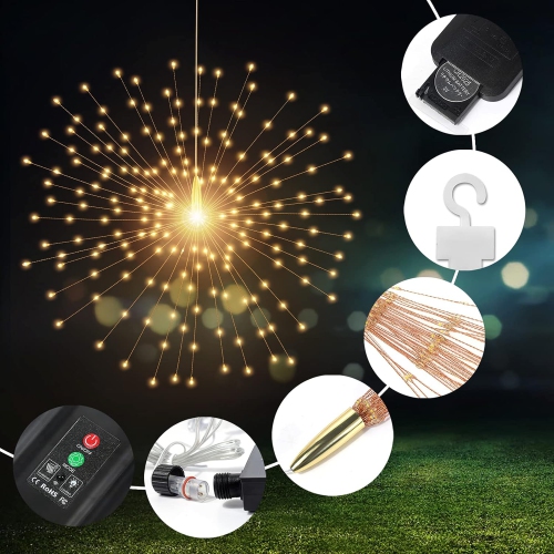 5 Pack Solar Starburst Sphere Lights,200 LED Firework Lights, 8 Modes Dimmable Waterproof Hanging Fairy Light, Copper Wire Lights for Patio Parties