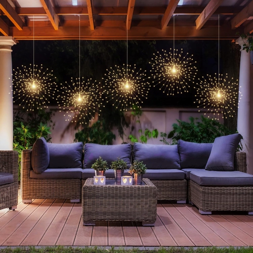 5 Pack Solar Starburst Sphere Lights,200 LED Firework Lights, 8 Modes Dimmable Waterproof Hanging Fairy Light, Copper Wire Lights for Patio Parties