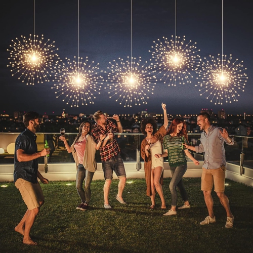 5 Pack Solar Starburst Sphere Lights,200 LED Firework Lights, 8 Modes Dimmable Waterproof Hanging Fairy Light, Copper Wire Lights for Patio Parties
