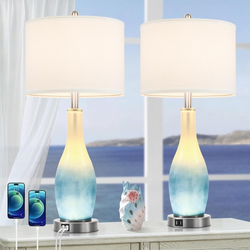 Ensemble de 2 grandes lampes de table en verre avec 2 ports de recharge USB et veilleuse LED de 26&nbsp;po