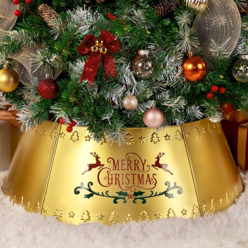 28in Christmas Tree Skirt for Christmas Holiday Decorations, Gold with Pattern Tree Collar for Real or Artificial Trees, Xmas Tree Stand 5-Panel, Eas