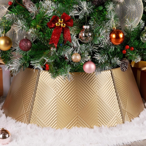 28in Christmas Tree Skirt for Christmas Holiday Decorations, Gold Tree Collar for Real or Artificial Trees, Xmas Tree Stand 5-Panel, Easy Set Up