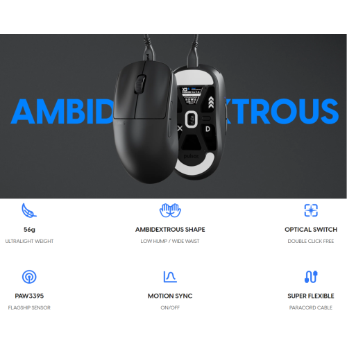 Pulsar X2A Wired Gaming Mouse - Ultra-Lightweight 55 g, Ambidextrous, PAW3395 Sensor, 1000 Hz Polling Rate, Superflex Paracord Cable, White