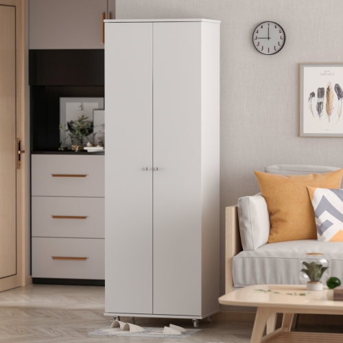 Homsee Vertical Shoe Organizer with Adjustable Shelves and Rolling Casters, White