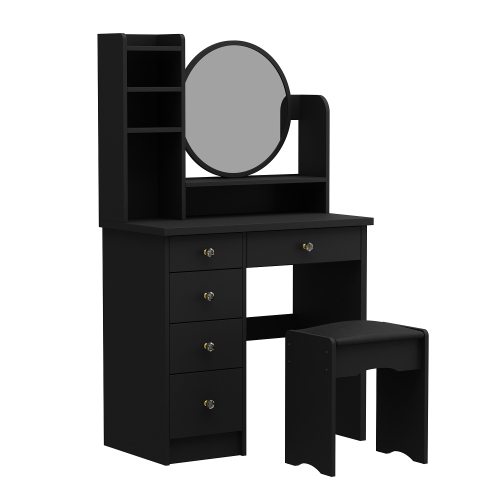 Homsee Makeup Vanity Set with Lighted Mirror, 5 Drawers, Storage Shelves & Cushioned Stool for Bedroom, Black