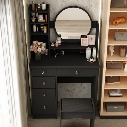 Homsee Makeup Vanity Set with Lighted Mirror, 5 Drawers, Storage Shelves & Cushioned Stool for Bedroom, Black
