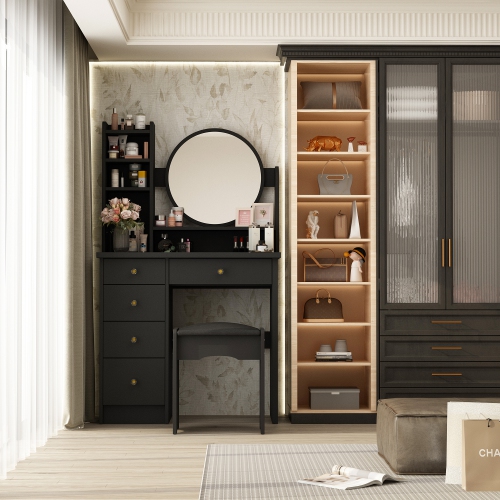 Homsee Makeup Vanity Set with Lighted Mirror, 5 Drawers, Storage Shelves & Cushioned Stool for Bedroom, Black