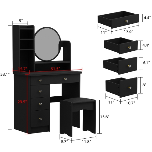 Homsee Makeup Vanity Set with Lighted Mirror, 5 Drawers, Storage Shelves & Cushioned Stool for Bedroom, Black