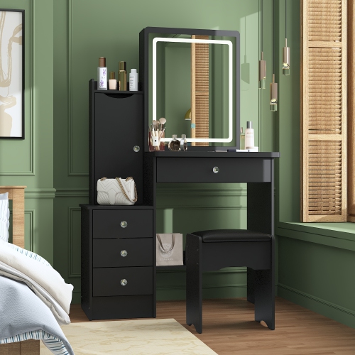 Homsee Makeup Vanity Set with LED Lighted Mirror, 4 Drawers, Storage Locker & Cushioned Stool for Bedroom, Black