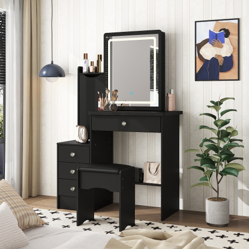 Homsee Makeup Vanity Set with LED Lighted Mirror, 4 Drawers, Storage Locker & Cushioned Stool for Bedroom, Black