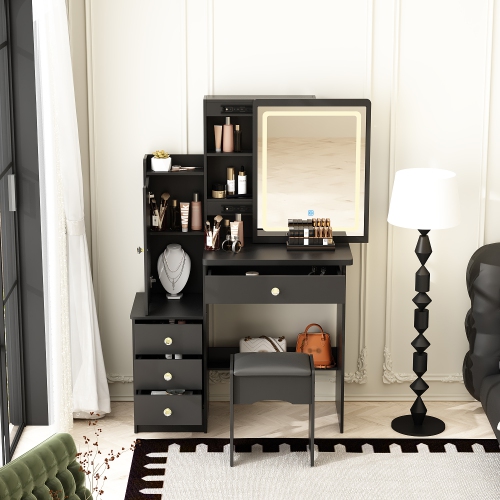 Homsee Makeup Vanity Set with LED Lighted Mirror, 4 Drawers, Storage Locker & Cushioned Stool for Bedroom, Black