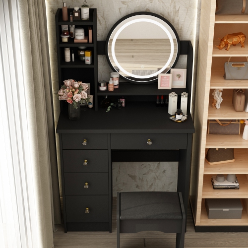 Homsee – Meuble-lavabo illuminé avec miroir à écran tactile, 5 tiroirs et tablettes de rangement, table à langer pour chambre à coucher, noir