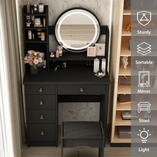 Homsee – Meuble-lavabo illuminé avec miroir à écran tactile, 5 tiroirs et tablettes de rangement, table à langer pour chambre à coucher, noir