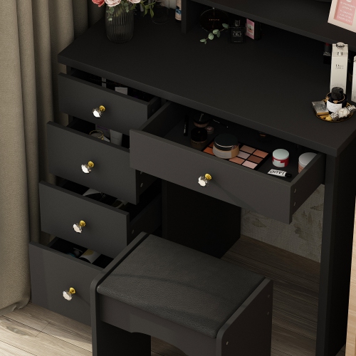 Homsee – Meuble-lavabo illuminé avec miroir à écran tactile, 5 tiroirs et tablettes de rangement, table à langer pour chambre à coucher, noir