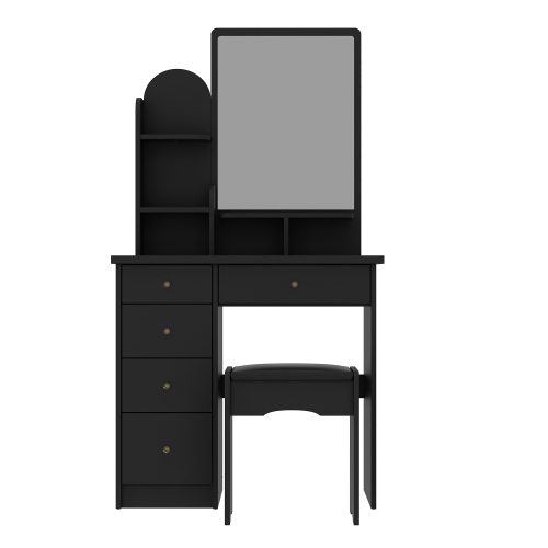 Homsee – Meuble-lavabo Makeup avec grand miroir, 5 tiroirs, tablettes de rangement et tabouret rembourré pour chambre à coucher, noir