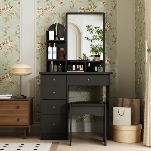 Homsee Makeup Vanity Set with Large Mirror, 5 Drawers, Storage Shelves & Cushioned Stool for Bedroom, Black