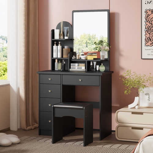 Homsee Makeup Vanity Set with Large Mirror, 5 Drawers, Storage Shelves & Cushioned Stool for Bedroom, Black