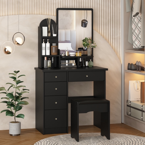 Homsee Makeup Vanity Set with Large Mirror, 5 Drawers, Storage Shelves & Cushioned Stool for Bedroom, Black