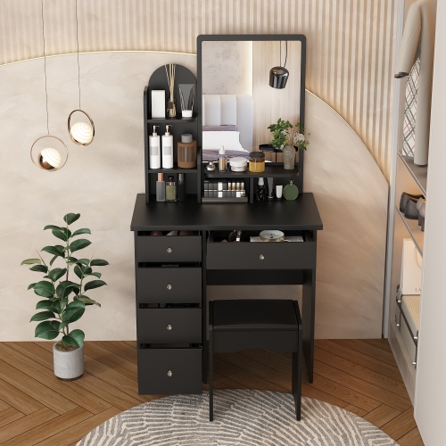 Homsee Makeup Vanity Set with Large Mirror, 5 Drawers, Storage Shelves & Cushioned Stool for Bedroom, Black