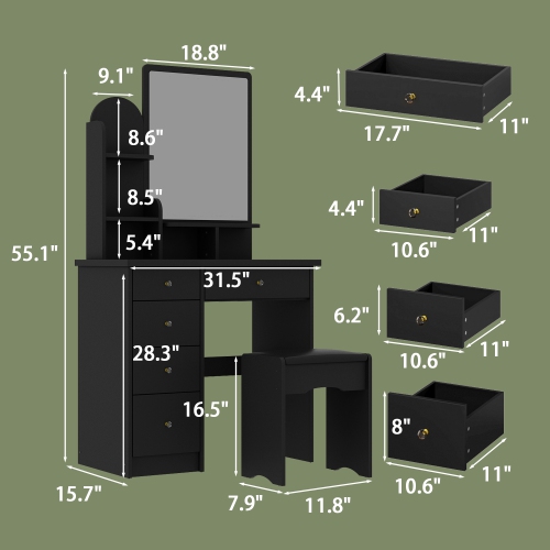 Homsee Makeup Vanity Set with Large Mirror, 5 Drawers, Storage Shelves & Cushioned Stool for Bedroom, Black