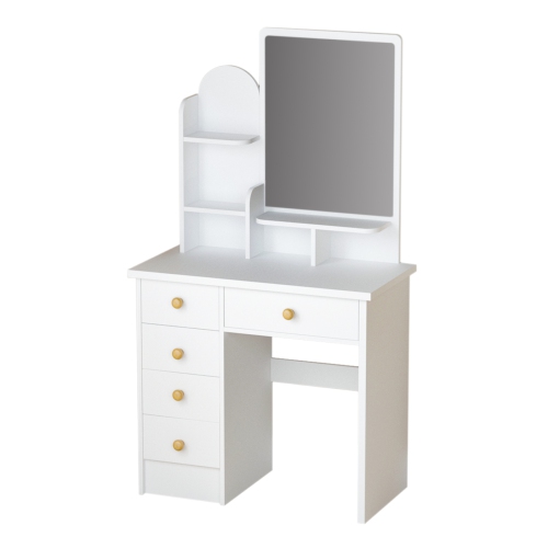 Homsee – Meuble-lavabo Makeup avec grand miroir, 5 tiroirs, tablettes de rangement et tabouret rembourré pour chambre à coucher, blanc