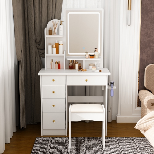 Homsee Vanity Desk Set with Large Lighted Mirror, 5 Drawers, Storage Shelves & Cushioned Stool for Bedroom, White