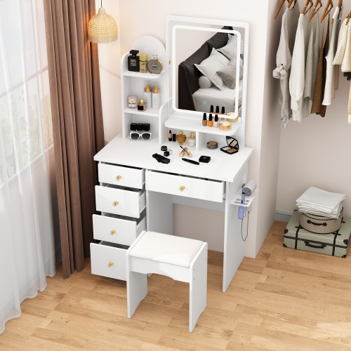 Homsee Vanity Desk Set with Large Lighted Mirror, 5 Drawers, Storage Shelves & Cushioned Stool for Bedroom, White
