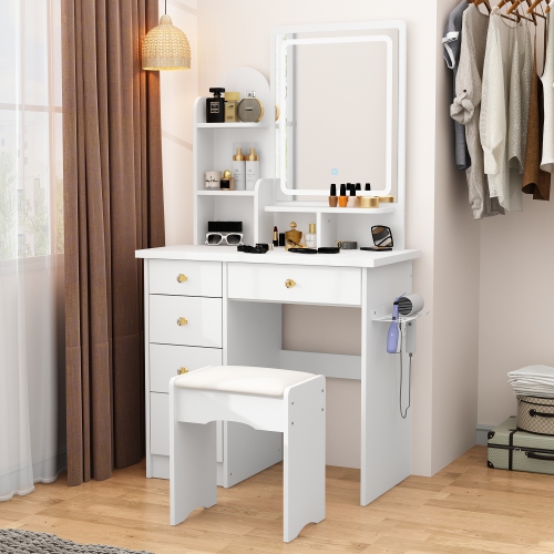 Homsee Vanity Desk Set with Large Lighted Mirror, 5 Drawers, Storage Shelves & Cushioned Stool for Bedroom, White