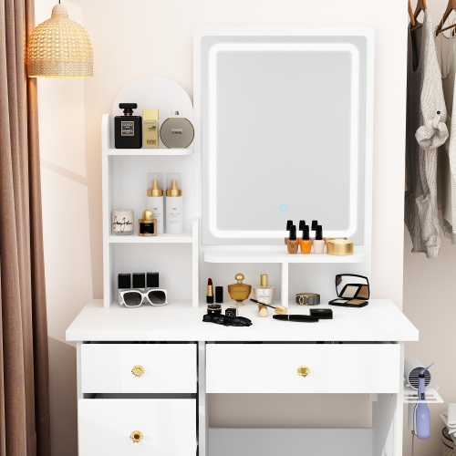 Homsee Vanity Desk Set with Large Lighted Mirror, 5 Drawers, Storage Shelves & Cushioned Stool for Bedroom, White