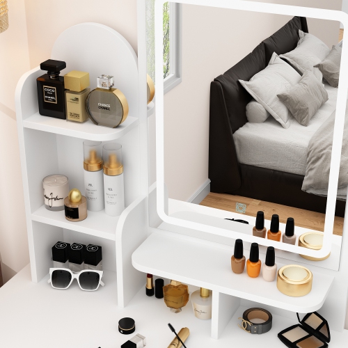 Homsee Vanity Desk Set with Large Lighted Mirror, 5 Drawers, Storage Shelves & Cushioned Stool for Bedroom, White