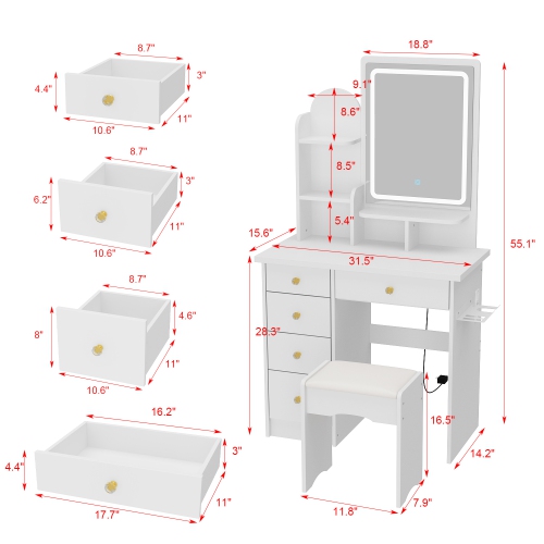 Homsee Vanity Desk Set with Large Lighted Mirror, 5 Drawers, Storage Shelves & Cushioned Stool for Bedroom, White