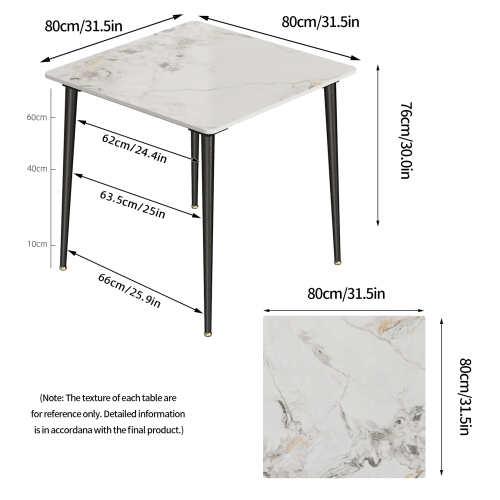 32 Inch Square Kitchen Dining Table:Modern Sintered Stone Marble Effect Dining Desk Furniture with Natural Texture Sintered Stone Top for Restaurant