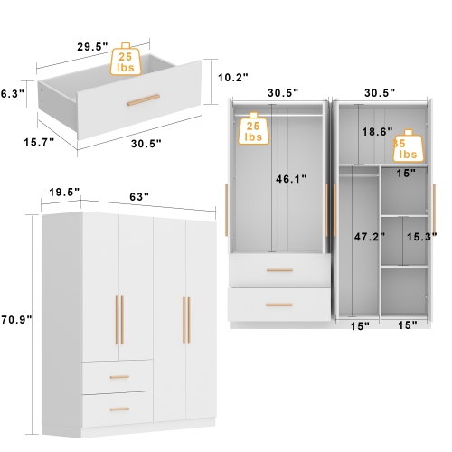 Homsee Multi-Functional Wardrobe Armoire with Hanging Rod, Adjustable Shelves, and Two Spacious Drawers for Bedroom Storage White