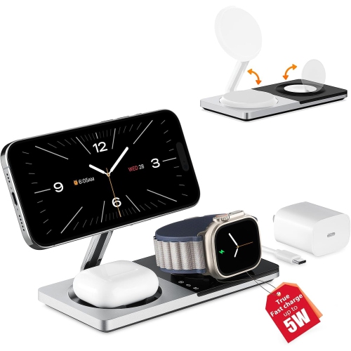YOULIGHTS  3 In 1 Wireless Charging Station for Apple Device: Fast Charging Station for Iphone And Watch \w Magsafe, Foldable Charger Stand for Iphone