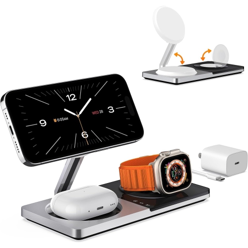 3 in 1 Wireless Charging Station for Apple Device: Fast Charging Station for iPhone and Watch with MagSafe, Foldable Charger Stand for iPhone 12-16 &