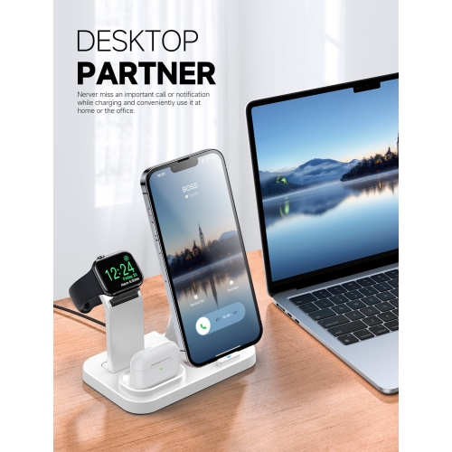 3 in 1 Wireless Charging Station for Apple Devices, Charging Dock for iWatch 9 8 7 6 SE 5 4 3 2 1, Built-in Charger Stand for iPhone Series AirPods
