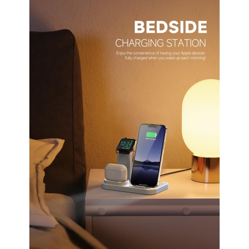 3 in 1 Wireless Charging Station for Apple Devices, Charging Dock for iWatch 9 8 7 6 SE 5 4 3 2 1, Built-in Charger Stand for iPhone Series AirPods