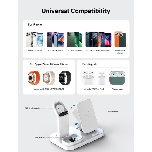 3 in 1 Wireless Charging Station for Apple Devices, Charging Dock for iWatch 9 8 7 6 SE 5 4 3 2 1, Built-in Charger Stand for iPhone Series AirPods
