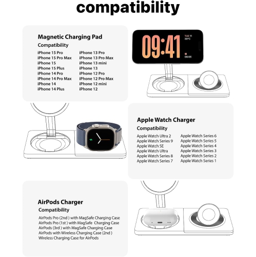 3 in 1 Wireless Charging Station for Apple Device: Fast Charging Station for iPhone and Watch with MagSafe, Foldable Charger Stand for iPhone 12-16 &