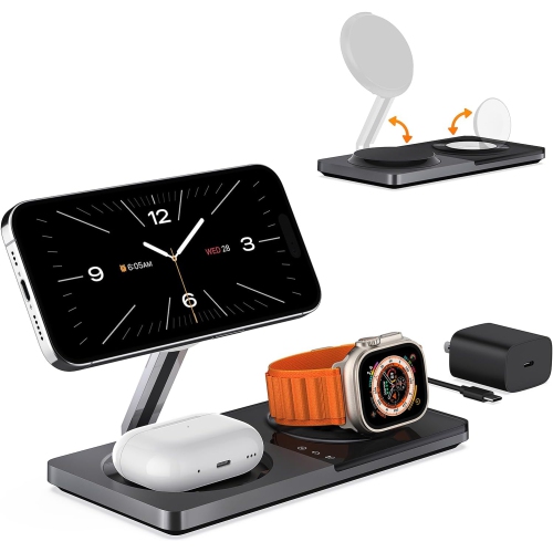 3 in 1 Wireless Charging Station for Apple Device: Fast Charging Station for iPhone and Watch with MagSafe, Foldable Charger Stand for iPhone 12-16 &