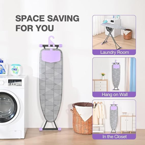 Ironing Board, Iron Board with Silicon Iron Rest, Extra Thick Heat Resistant Cover, Height Adjustable, Wall Mount & Closet Hanger Heavy Duty Legs