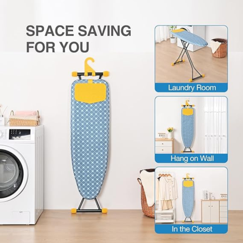 Ironing Board, Iron Board with Silicon Iron Rest, Extra Thick Heat Resistant Cover, Height Adjustable, Wall Mount & Closet Hanger Heavy Duty Legs