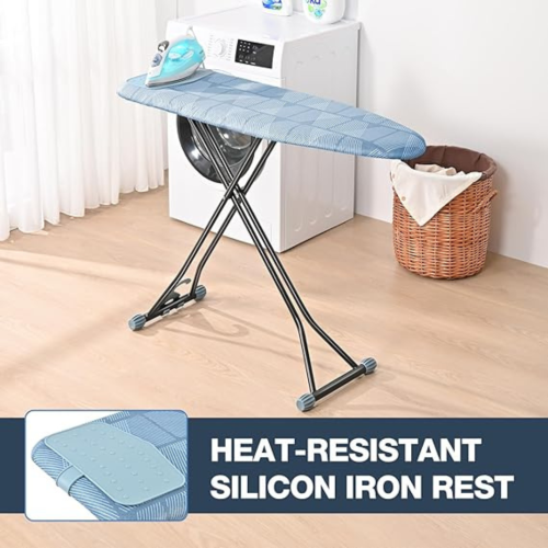 Ironing Board, Iron Board with Silicon Iron Rest, Extra Thick Heat Resistant Cover, Height Adjustable, Wall Mount & Closet Hanger Heavy Duty Legs
