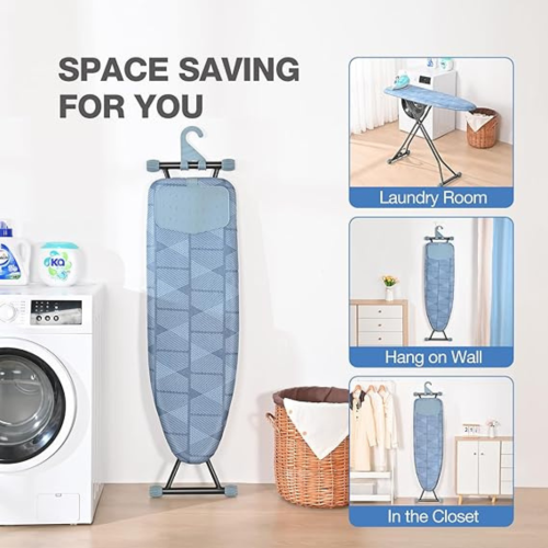 Ironing Board, Iron Board with Silicon Iron Rest, Extra Thick Heat Resistant Cover, Height Adjustable, Wall Mount & Closet Hanger Heavy Duty Legs