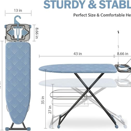 Ironing Board, Compact Iron Board with Iron Rest and Hanger and Silicone Irons Harness, 7 Adjustable Heights & Extra Thick Cover, Folding Heavy Duty