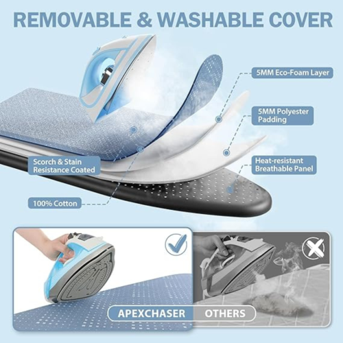 Ironing Board, Compact Iron Board with Iron Rest and Hanger and Silicone Irons Harness, 7 Adjustable Heights & Extra Thick Cover, Folding Heavy Duty