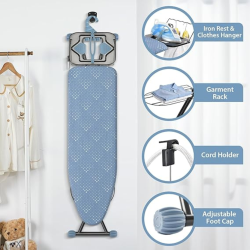 Ironing Board, Compact Iron Board with Iron Rest and Hanger and Silicone Irons Harness, 7 Adjustable Heights & Extra Thick Cover, Folding Heavy Duty