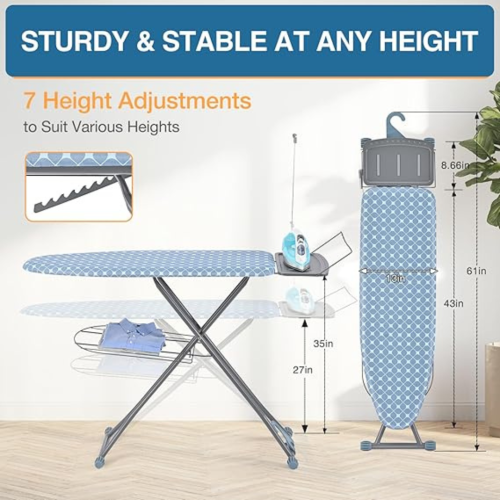 Ironing Board, Compact Iron Board with Iron Rest and Hanger and Silicone Irons Harness, 7 Adjustable Heights & Extra Thick Cover, Folding Heavy Duty