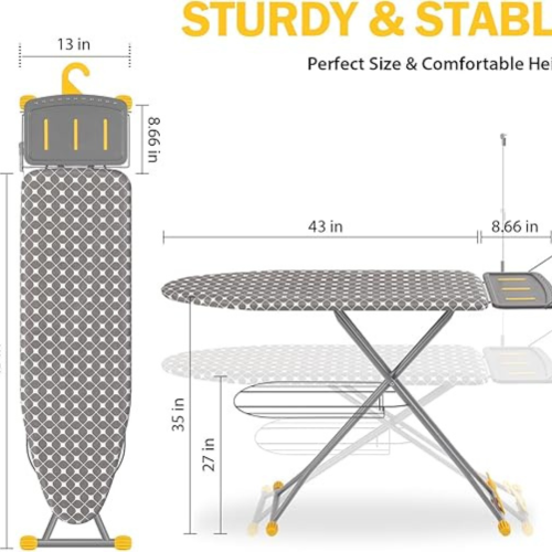Ironing Board, Compact Iron Board with Iron Rest and Hanger and Silicone Irons Harness, 7 Adjustable Heights & Extra Thick Cover, Folding Heavy Duty