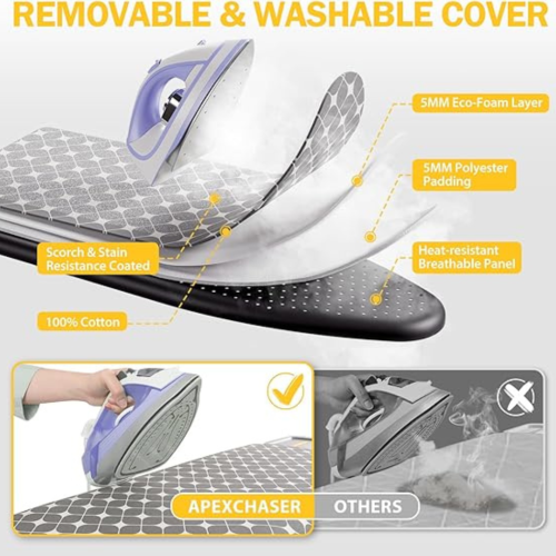 Ironing Board, Compact Iron Board with Iron Rest and Hanger and Silicone Irons Harness, 7 Adjustable Heights & Extra Thick Cover, Folding Heavy Duty